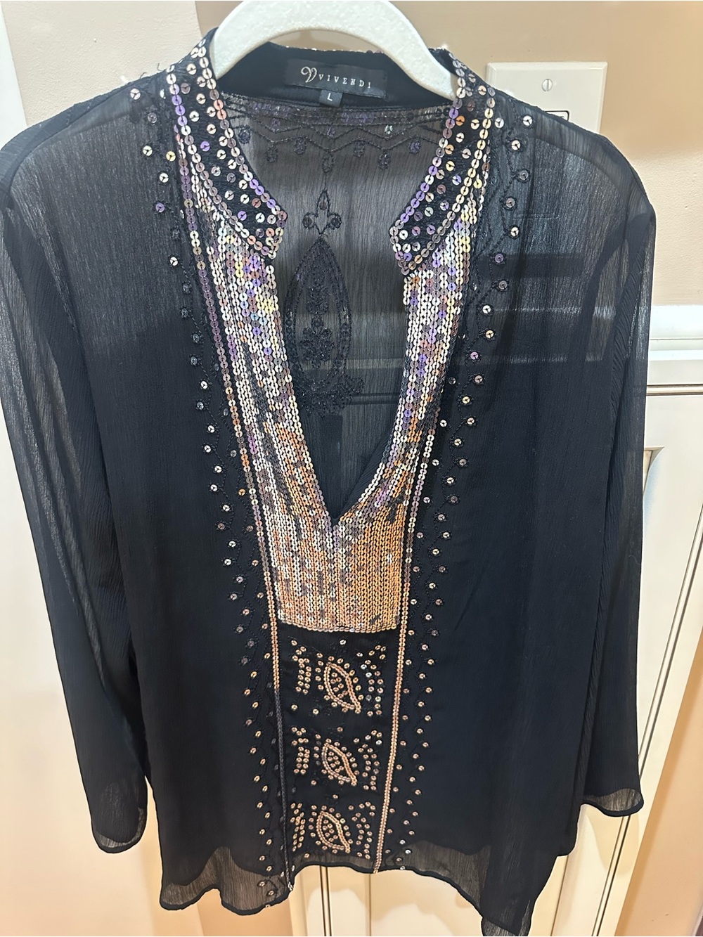 Black Sequin-Embellished Sheer Blouse size large